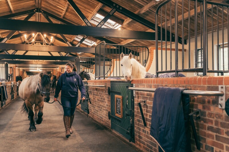 Interior of wood and brick stables with several horses and one person