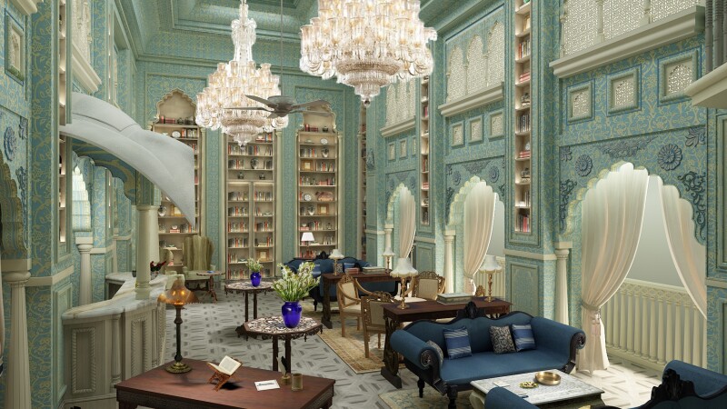 A rendering of the Writers Bar at Raffles Jaipur, with space's scalloped arches and chandeliers and seafoam green walls
