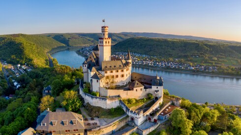 A view of Marksburg Castle along the Rhine River in Germany