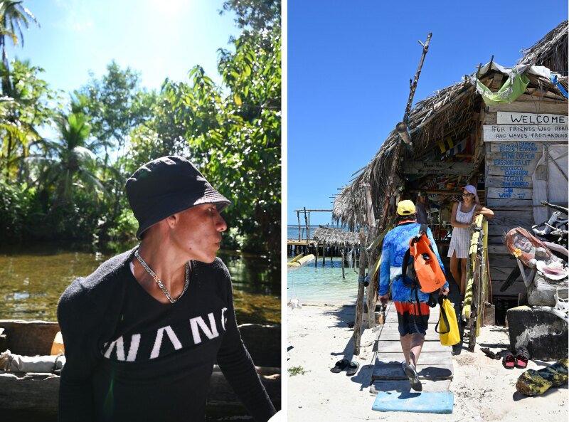 man in a bucket hat and long-sleeved black shirt, people walking into a beach restaurant wearing swimsuits