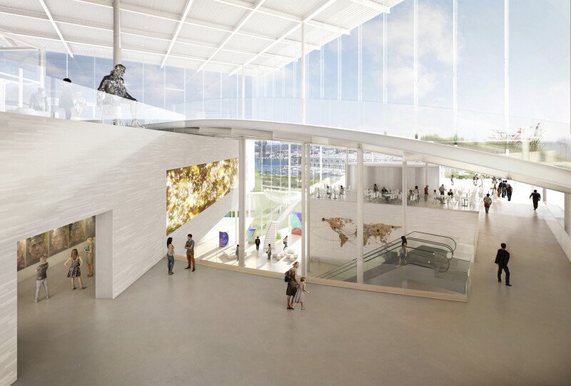 The atrium of the Sydney Modern Project, rendered here, will be full of light and look out onto the harbor.