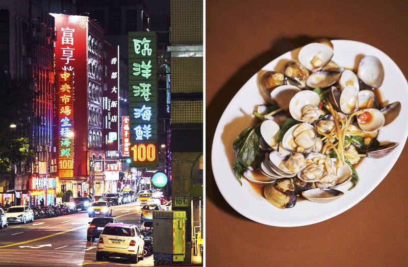 Left: A busy road in Taipei, Taiwan. Right: Stir-fried basil clams.