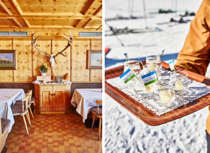 The dining room at Pralongiá is quiet as everyone packs the outdoor terrace for sunshine, views, and morning grappa.
