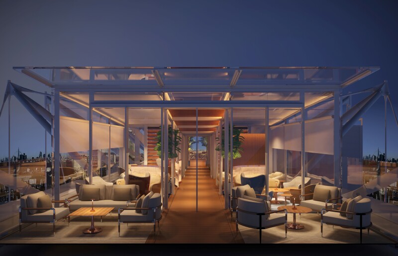 The rooftop lounge at the forthcoming Emory hotel in London features glass walls and white furnishings.