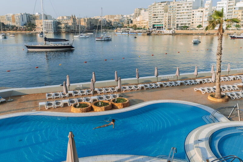 The Cavalieri Hotel Malta overlooks the waterfront promenade between Sliema and St. Julian’s.