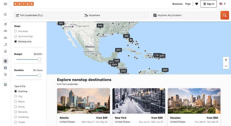 Kayak Direct screenshot with map of Caribbean