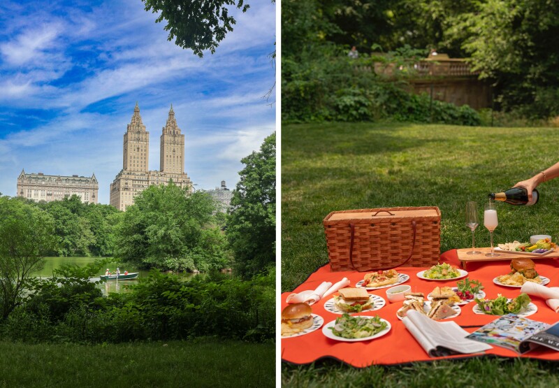 Greenery and pond in Central Park with historic buildings in background (L); picnic basket and plates of food on orange blanket on lawn, with hand pouring glass of champagne (R)