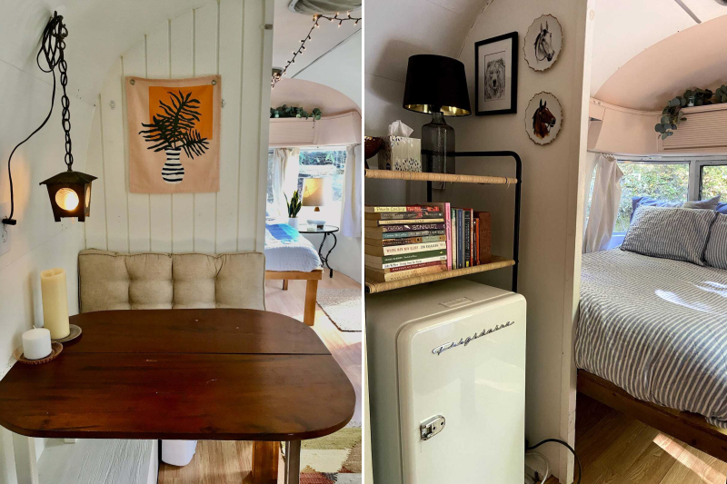 A dining area in an Airstream with a hanging lantern and small wall tapestry (L); small retro refrigerator topped with books and lamp with bed nearby (R)