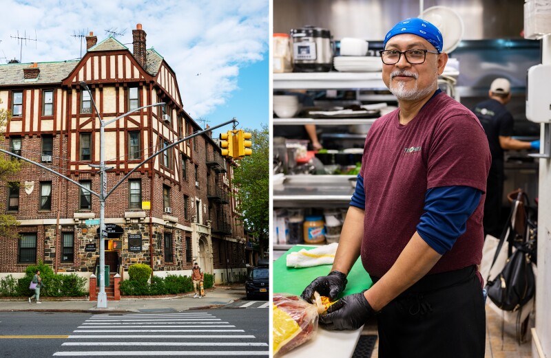 Left: a historic home in Bay Ridge, Brooklyn. Right: Felip Garzon, Tanoreen’s kitchen manager.