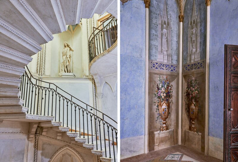 A winding staircase and a frescoed corner of a wall at the Orient Express Palazzo Donà Giovannelli