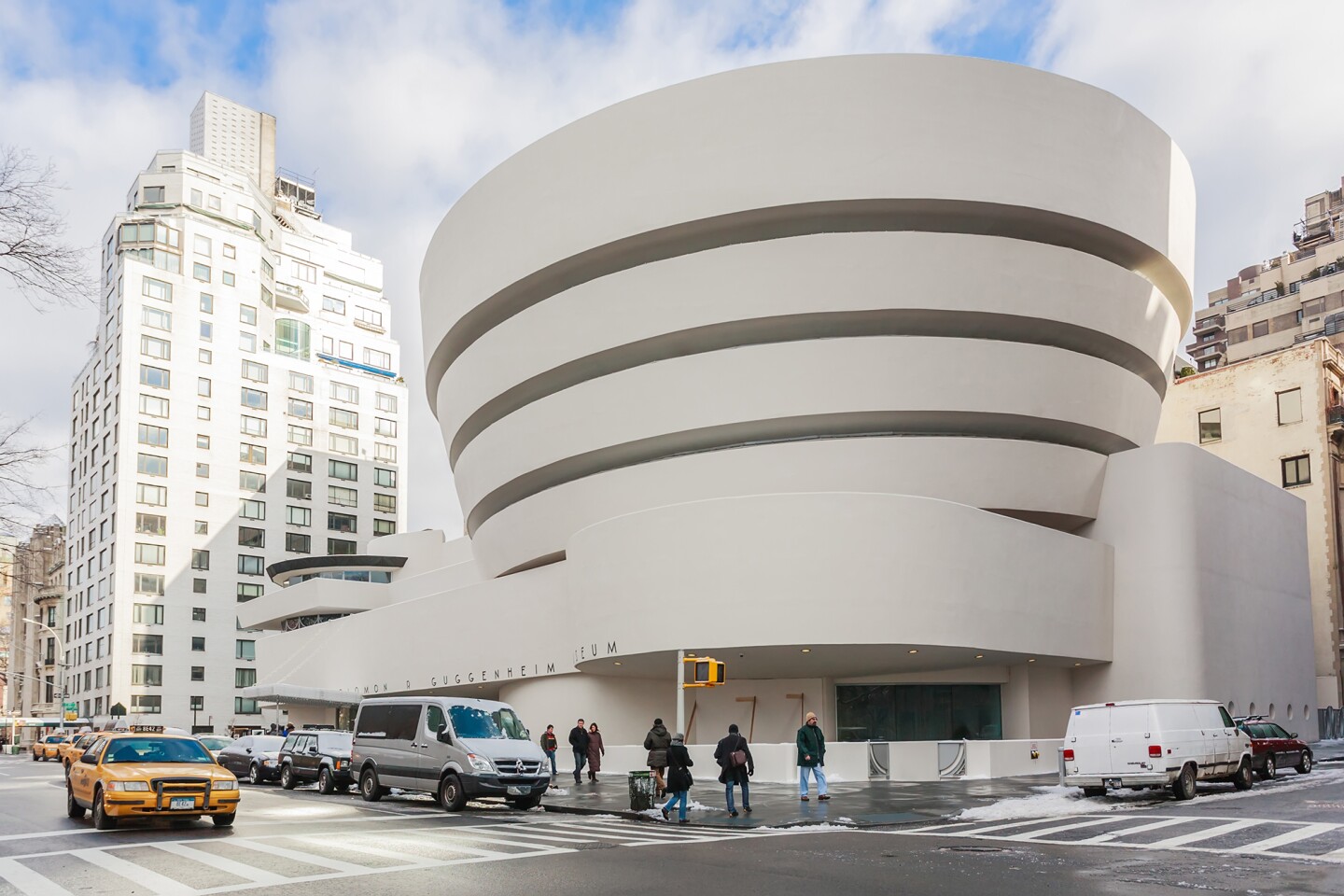 The front entrance of the Guggenheim museum, designed by Frank Lloyd Wright