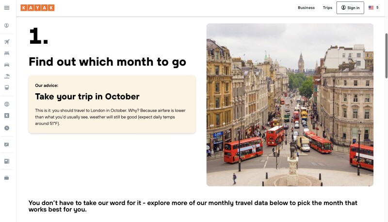 Screenshot of Kayak's Best Time to Travel Tool