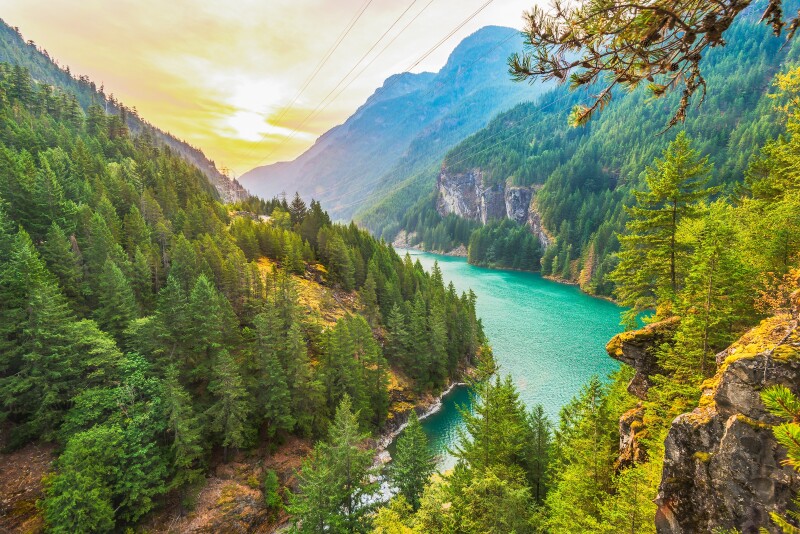 Diablo Lake in North Cascades National Park surrounded by evergreens and mountains