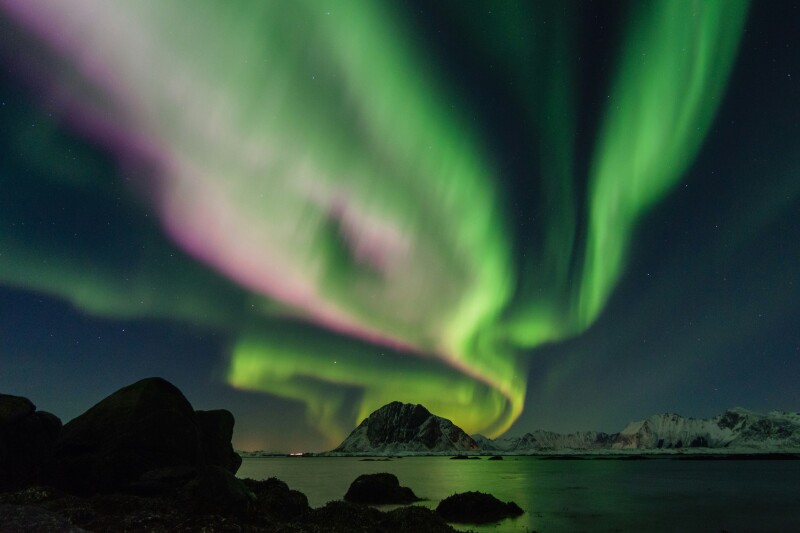 Green and purple northern lights dance above snow-capped mountains and water in Lofoten, Norway.