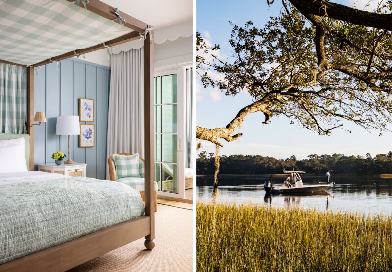 Guest room with canopy bed, with light blue walls, and tall windows (L); small boat on a marsh-lined lake (R)