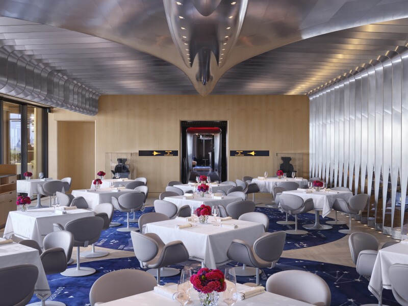 The dining room of Brooklands features a 46-foot aluminum model of the iconic Concorde airliner.