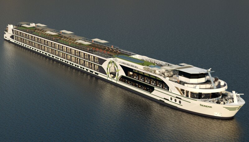 Overhead view of white MS "Serene" on water