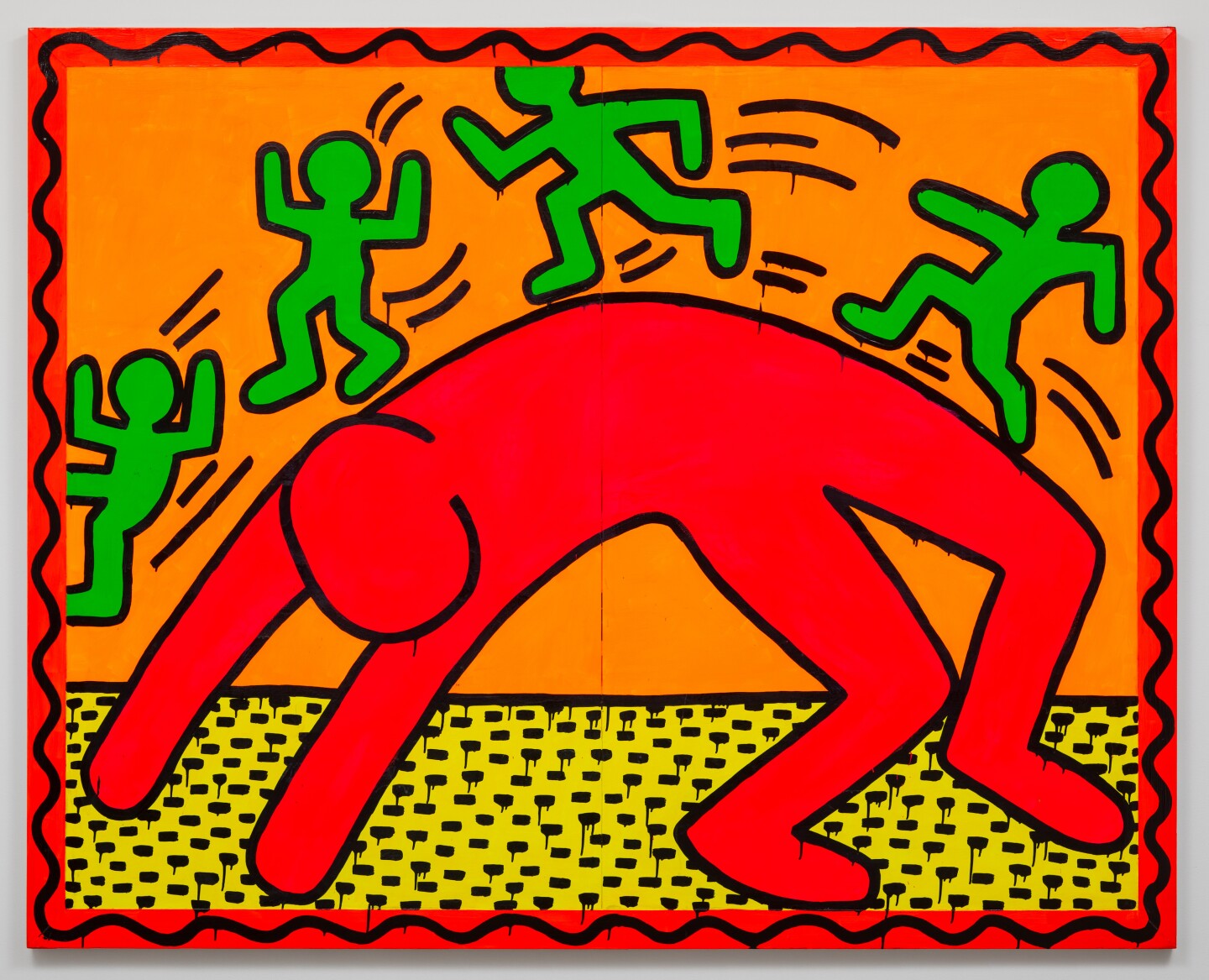 A photo of "Untitled" (1982) by Keith Haring. It features four figures running over another person posed like a bridge.