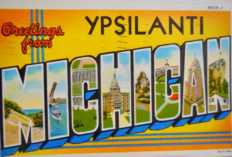 Greetings from Ypsilanti, Michigan, postcard in yellow and blue