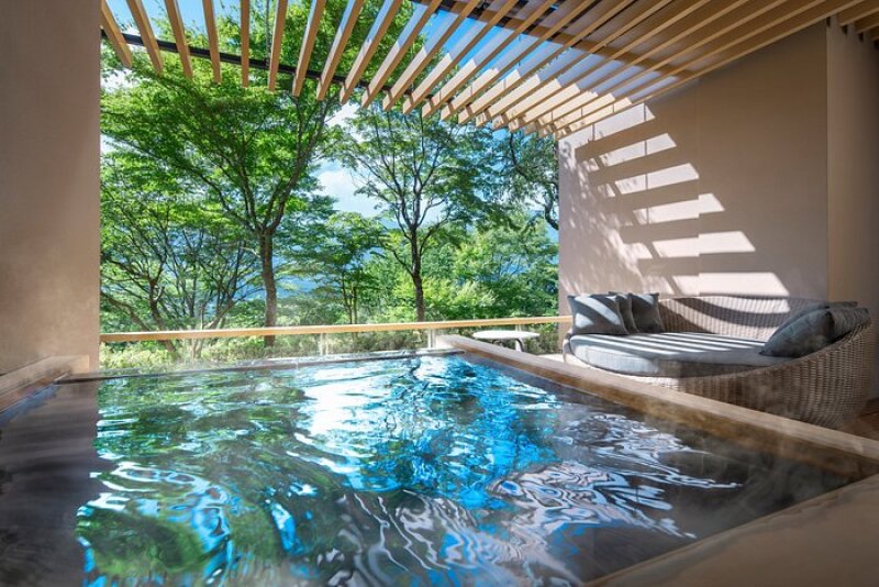 This balcony have a small infinity pool accompanied by a circular lounge chair, overlooking trees and a great view of Hakone, Japan.