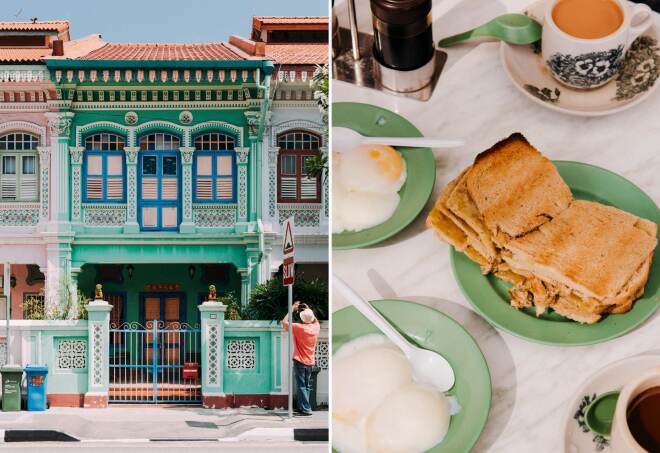 Left: Peranakan houses blend Chinese, Malay, and Singaporean design elements. Right: Kaya toast, filled with coconut jam, and is a popular Singaporean breakfast snack.