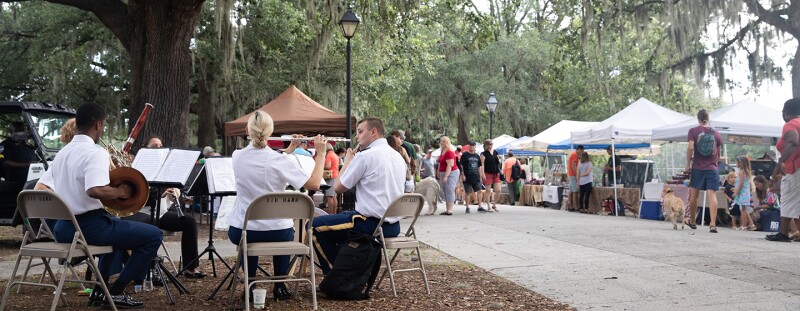 Savannah’s farmers’ market features live music and local farm vendors.