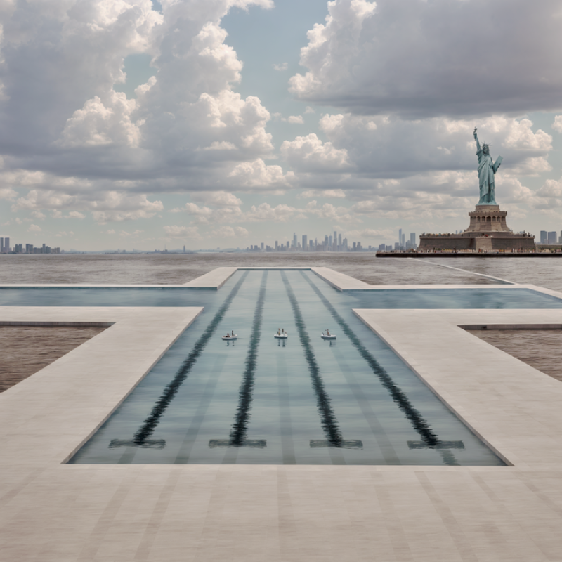 A cross-shaped pool with the Statue of Liberty in the background