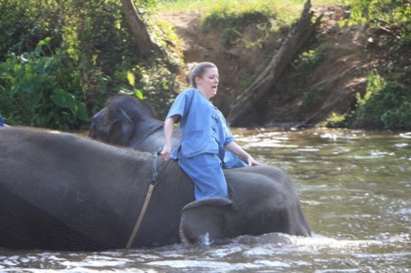 Natalie attempts to stay dry on top of Lady Gaga the elephant.