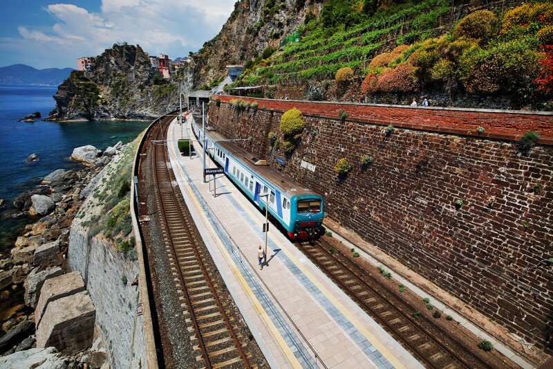 A train at Manarola railway station, Cinque Terre, Italy