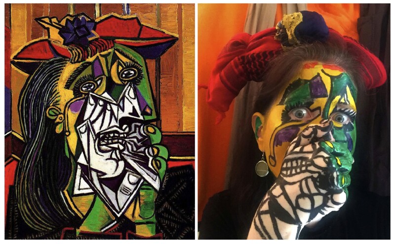 Pablo Picasso’s “Weeping Woman,” left, and Katrusya Kosilkova’s recreation taken on Thursday, April 9, 2020