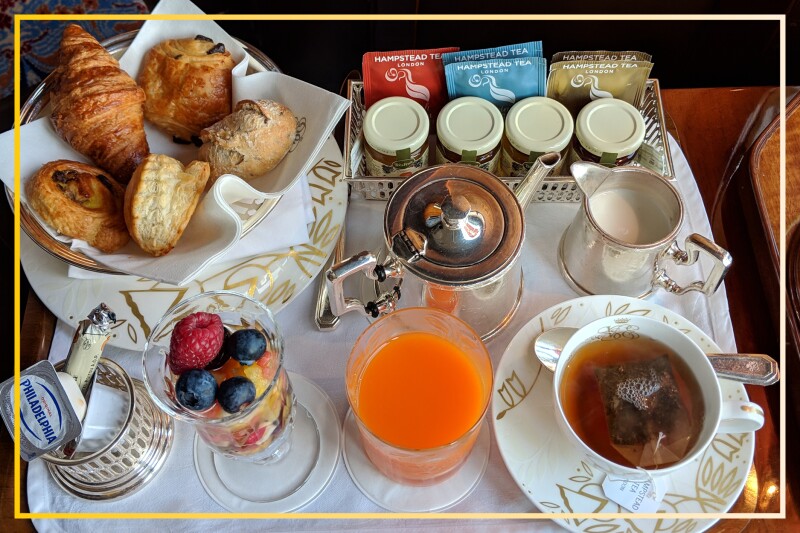 Breakfast aboard the Venice Simplon-Orient-Express includes fresh fruit, pastries, tea or coffee, and juice.