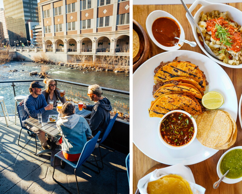 Four people sipping microbrews on the patio of the Shore Room overlooking the Truckee River in Reno in the photo on the left, and a plate of three birria tacos with consomé a bowl of salsa verde at Toro Bravo in the photo on the right