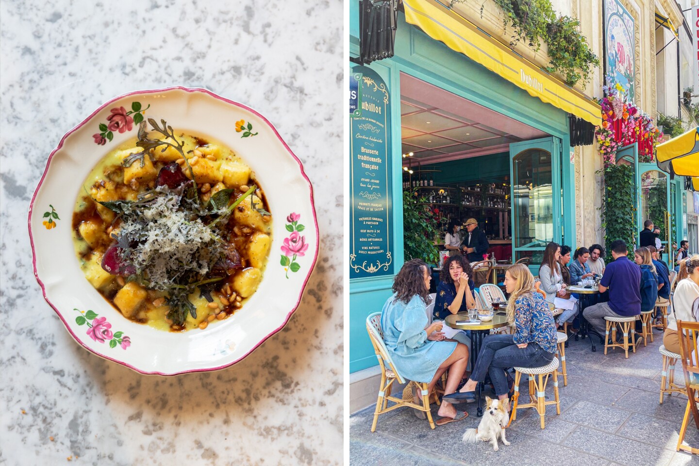 Overhead view of bowl of food (L); sidewalk seats filled with diners at Brasserie Dubillot (R)