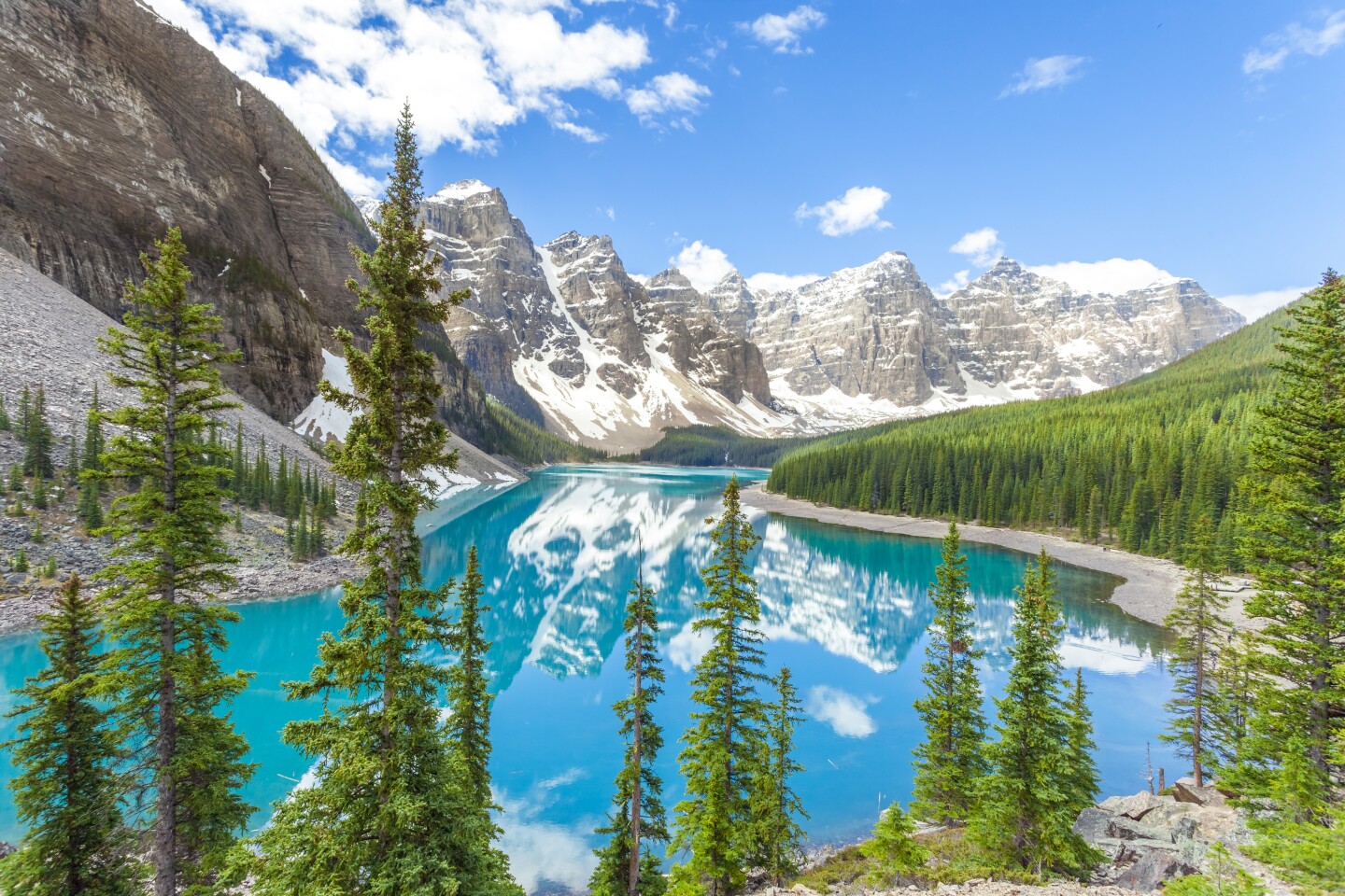 A turquoise glacial lake surrounded by pine trees and snowy mountains in Jasper National Park, Alberta, Canada