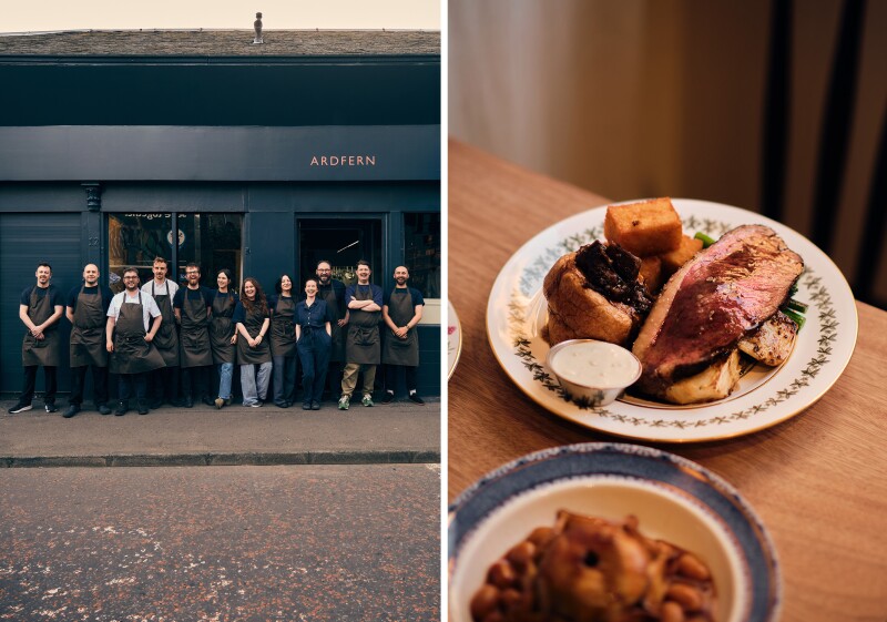 The staff at Ardfern restaurant outside the dark building (L); a plate of traditional Sunday roast, with meat and vegetables (R)