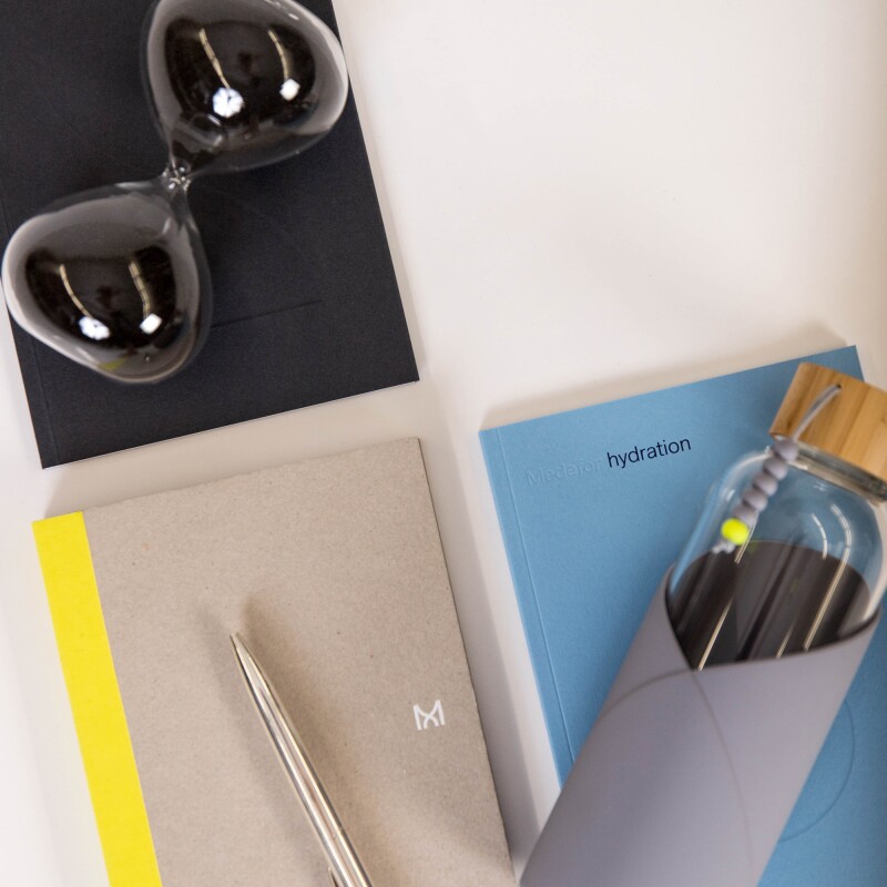 The tools for the first month include a water bottle, journal, and hourglass so you can keep track of time without using your phone.