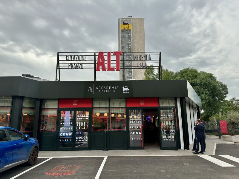 View from parking lot of an Alt Stazione del Gusto roadside restaurant in Rome