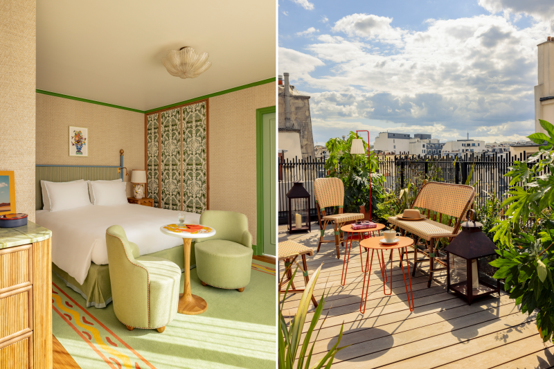 Interior of a guest room at La Fantaisie hotel and terrace