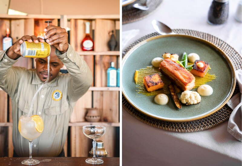 A man pours liquid from a can into a stemmed cocktail glass (L); small bites of a food are artfully displayed on a plate (R)