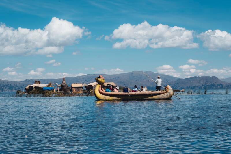 A traditional canoe-like boat on Lake Titicaca