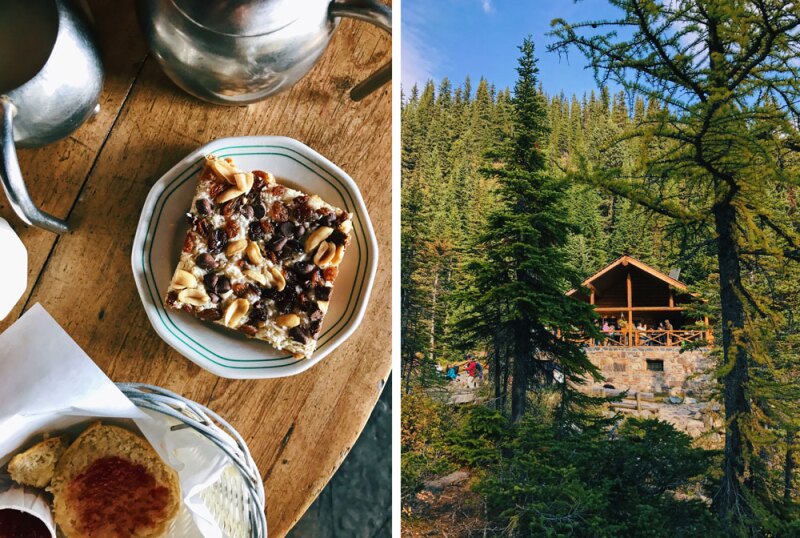 Left: a mountain bar dessert on a plate. Right: Hikers dine at Lake Agnes Teahouse.