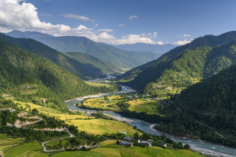 The Punakha Valley at the foot of the Himalayan mountains in Bhutan