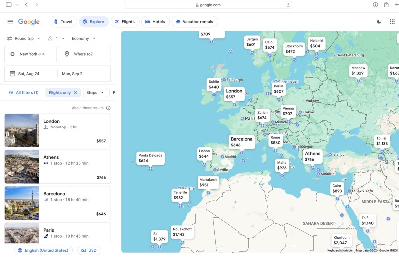 A March 2024 Google Flights search showed affordable round trips to Europe the week before Labor Day.