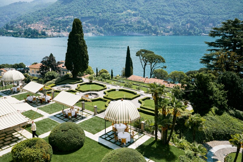 Aerial view of Passalacqua's manicured grounds, next to the shores of Lake Como in Italy.