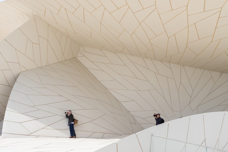 A close-up view of the National Museum of Qatar’s interlocking discs designed by Ateliers Jean Nouvel